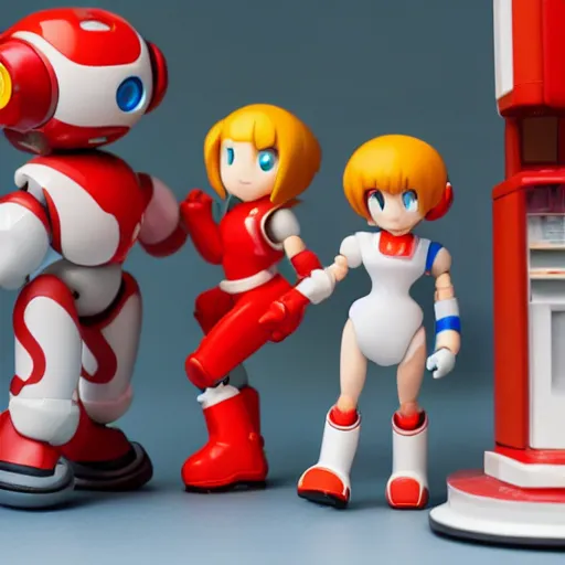 Image similar to photo of figma figures in a diorama : : roll is repairing computers in dr. light's laboratory. roll is a cute female ball - jointed robot ( in the style of mega man ) who has blonde hair with bangs and a ponytail tied with a green ribbon. she is wearing a red one - piece dress with a white collar, and red boots.