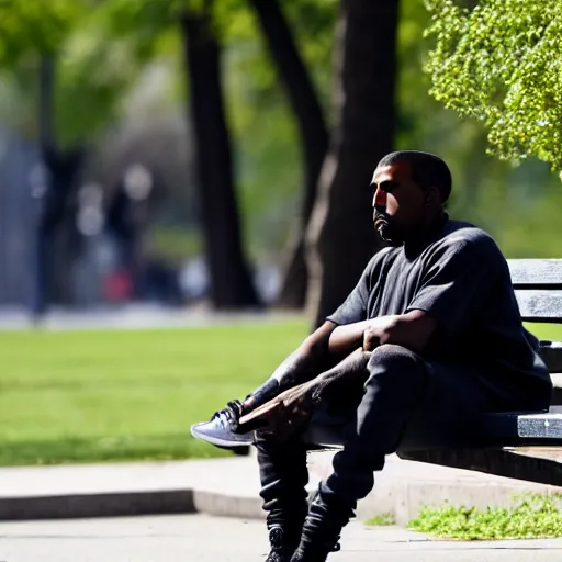 Image similar to dslr photo still of sad kanye west sitting on a park bench with a tear on his cheek, 8 k, 1 1 0 mm f 1 6