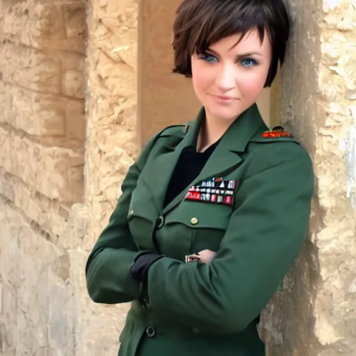 Prompt: brunette, short flipped out hair, green eyes, military uniform, smirk