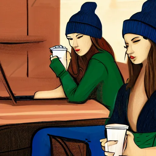 Prompt: hot girls sitting at starbucks being drawn by creepy guy in beanie, 8 k resolution, cinematic lighting, anatomically correct