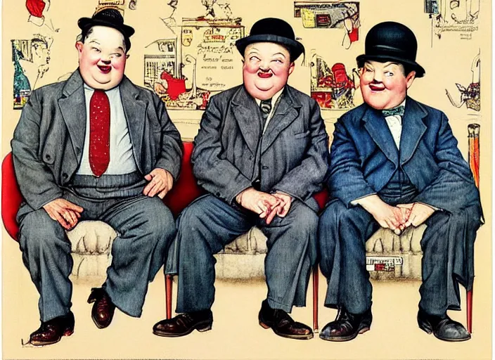 Prompt: “ portrait of laurel and hardy, by norman rockwell and robert crumb, coloured ”