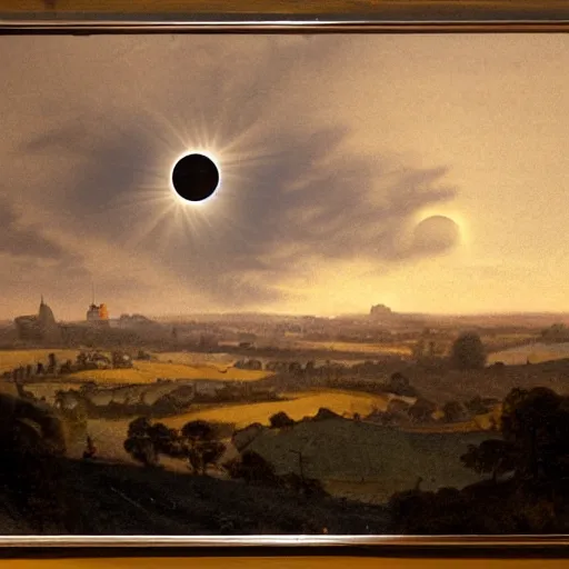 Prompt: dark solar eclipse, above a village, highly detailed, studio 4 k quality, by walter percy day