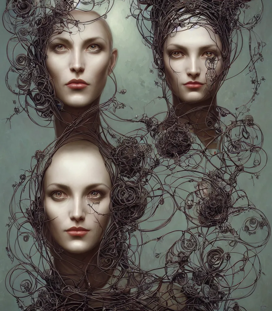 Prompt: symmetry!! the portrait of the absurdly beautiful woman, octane render, symmetrical face, maximalist details, vines and skinny wires, octane render, trending in cgsociety, a beautiful painting by gerald brom, peter mohrbacher, sophie anderson
