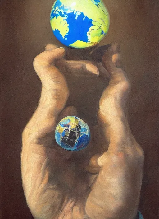 Image similar to a painting of a man holding a globe in his hands, a surrealist painting by Szymon Kot, deviantart, metaphysical painting, oil on canvas, surrealist, dystopian art,