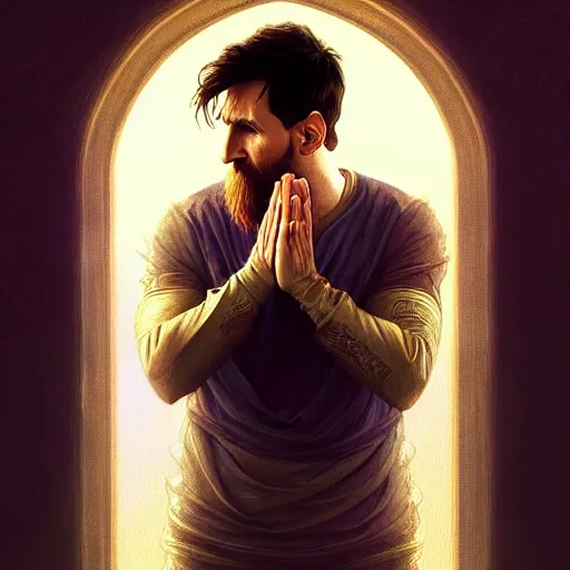 Image similar to lionel messi praying like a muslim, d & d, fantasy, intricate, elegant, highly detailed, digital painting, artstation, concept art, matte, sharp focus, illustration, art by artgerm and greg rutkowski and alphonse mucha