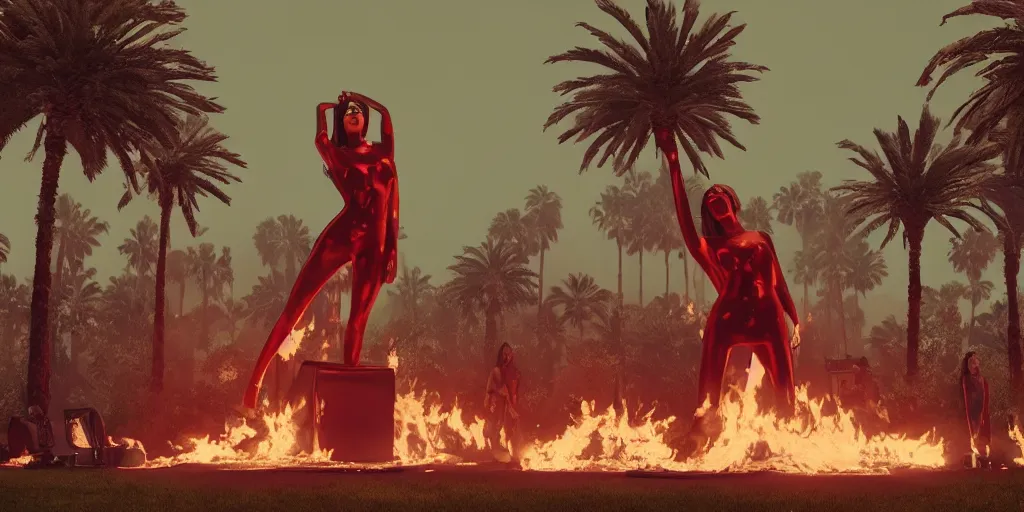 Image similar to realistic cinematic views of a orwellian coachella with fires in the background and dead seagulls falling from the sky in front of the main stage worshipping a large statue of kylie jenner, hyper detailed, terror glows, hyper realistic, digital painting, 8 k, 3 5 mm film grain, octane render