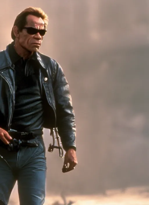 Image similar to film still of Tommy Lee Jones as The Terminator in The Terminator, 4k