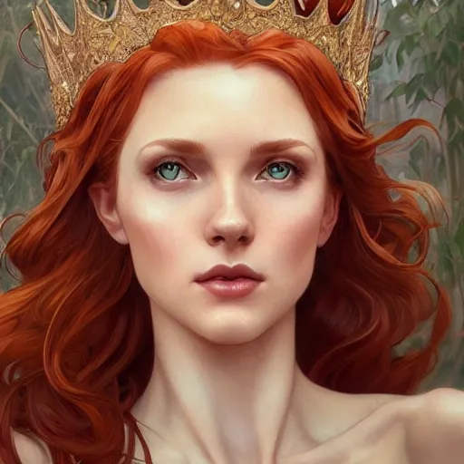 Prompt: portrait of a beautiful redhead female with a dream crown, upper body, D&D, fantasy, intricate, elegant, highly detailed, digital painting, artstation, concept art, smooth, sharp focus, illustration, art by artgerm and greg rutkowski and alphonse mucha