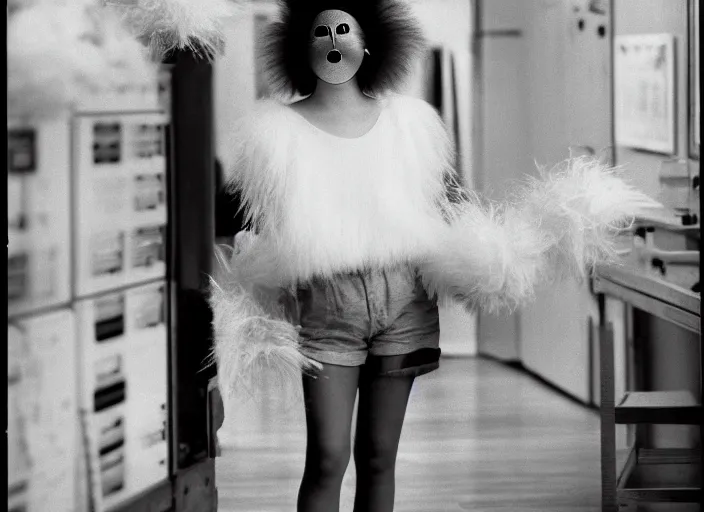 Image similar to realistic photo portrait of the person, white carnival fluffy mask no eyes no mouth, wearing hairy fluffy cotton shorts, dancing in the spacious wooden polished and fancy expensive wooden laboratory hall interior 1 9 9 0, life magazine reportage photo