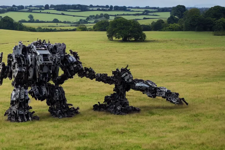 Image similar to beautiful english countryside, a ginormous destroyed mech lies broken in a field