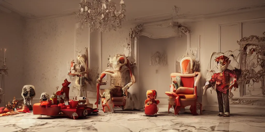 Image similar to a photo of a surreal horror toys dressed in fancy clothes in a luxurious hotel, ultrarealistic, filmic, cinematic, octane render