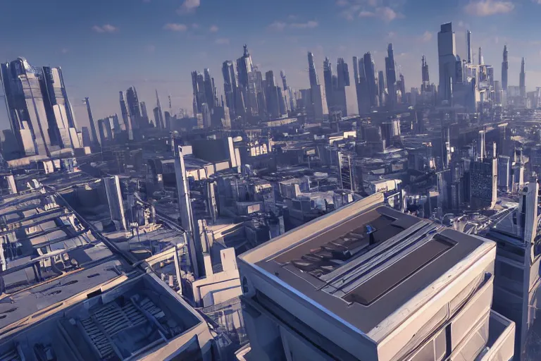 Image similar to rooftop view of a futuristic city highly detailed, photorealistic portrait, bright studio setting, studio lighting, crisp quality and light reflections, unreal engine 5 quality render