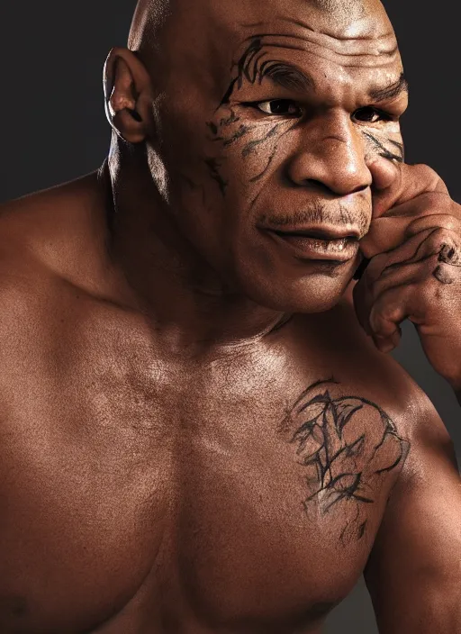 Image similar to mike tyson styled by nick knight posing, photohoot, set pieces, intricate set, vogue magazine, canon, highly realistic. high resolution. highly detailed. dramatic. 8 k. 4 k.