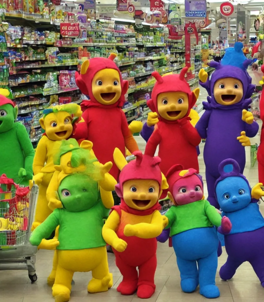 Image similar to teletubbies at tesco buying pasta