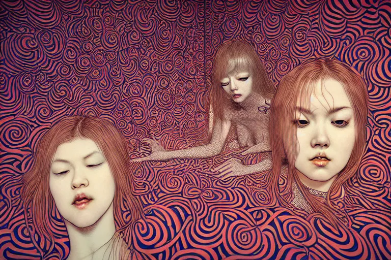 Image similar to realistic detailed image of women floating in a padded room, conjuring psychedelic background, part by takato yamamoto, part by alex gray, ross tran, james jean, ultra realistic, octane render, highly detailed, 8 k, trending on artstation, cosmic, symmetry, masterpiece