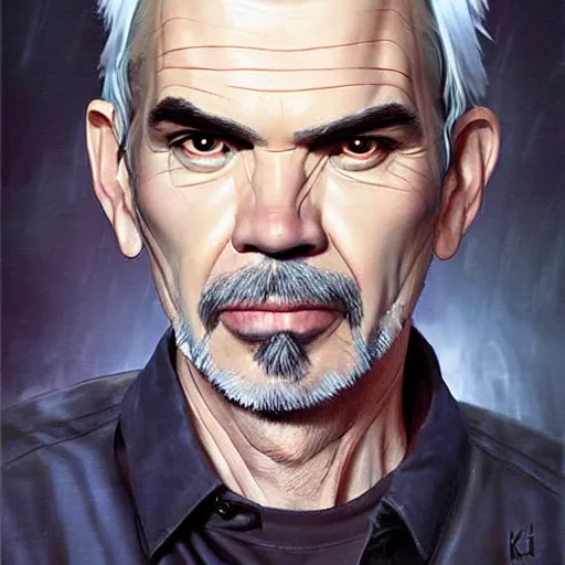 Image similar to billy bob thornton is lorne malvo is a cyborg, he has an eye implant and a metal jaw, drawn by krenz cushart