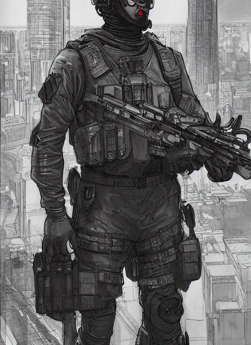 Prompt: Hector. USN special forces operator looking at city skyline. Agent wearing Futuristic stealth suit. rb6s, MGS, and splinter cell Concept art by James Gurney, Alphonso Mucha.