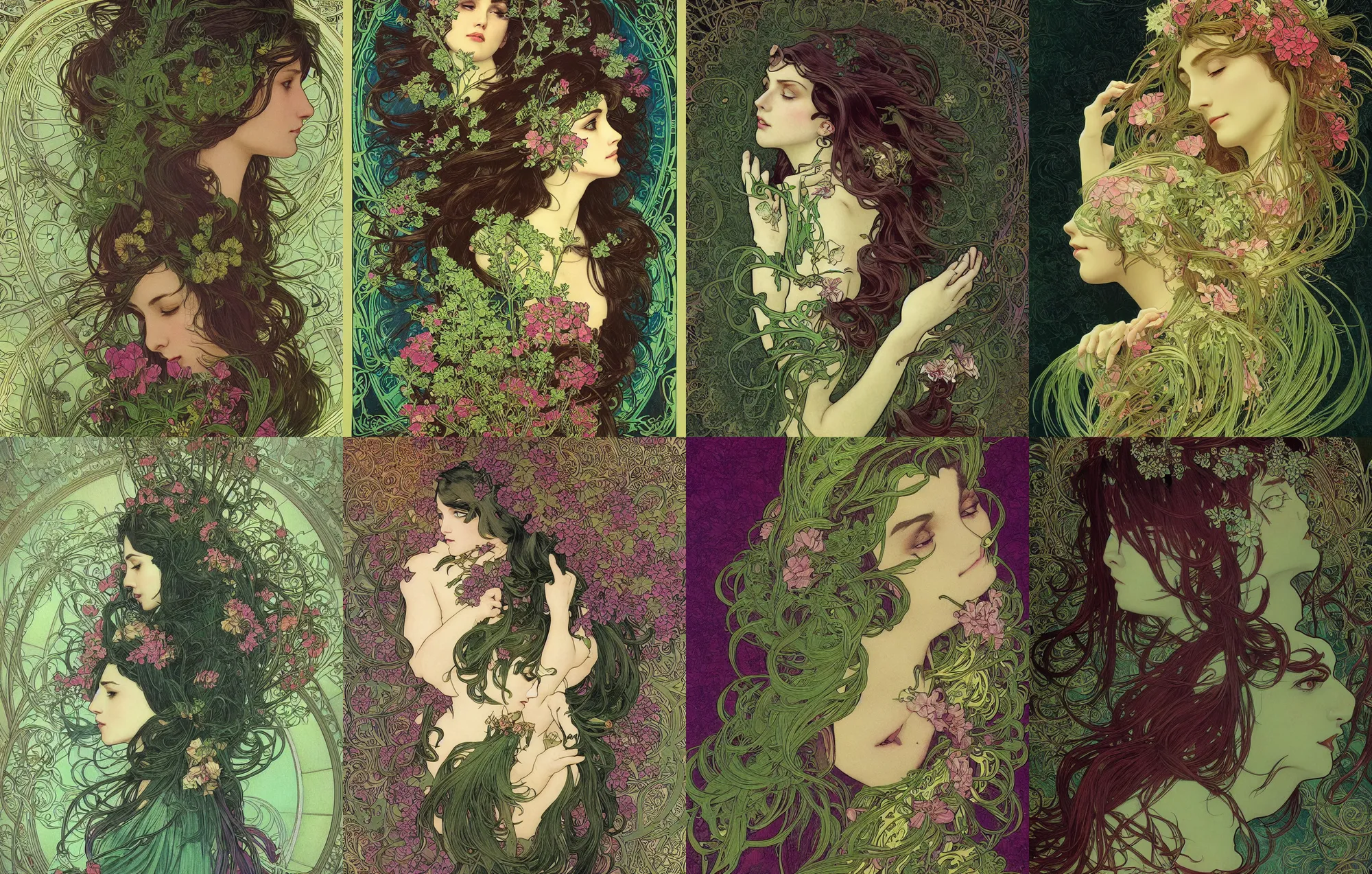 Prompt: woman, magical, flower, bright castleton green, detailed intricate ink illustration, dark atmosphere, detailed illustration, hd, 4k, digital art, overdetailed art, concept art, complementing colors, trending on artstation, Cgstudio, the most beautiful image ever created, dramatic, subtle details, illustration painting by alphonse mucha and frank frazetta daarken, vibrant colors, 8K