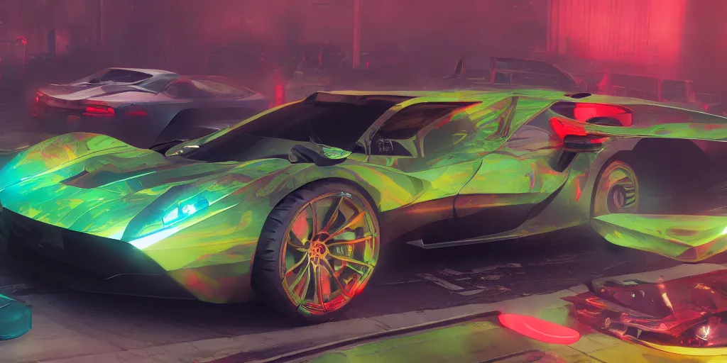 Image similar to full view of a sport car from GTAV, painted in any bright colors holographic pearlescent, elegant, digital painting, concept art, smooth, sharp focus, art style from Wang Ke and Greg Rutkowski and Bruce Kaiser and Scott Robertson and Dmitry Mazurkevich and Doruk Erdem and Jon Sibal, small style cue from Blade Runner