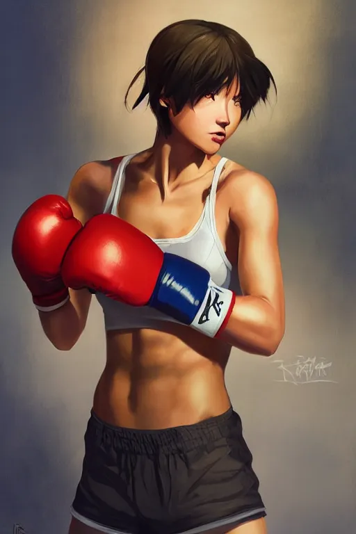 Image similar to a girl in a boxing stance with boxing gloves on, full shot, fine - face, realistic shaded perfect body, fine details. night setting. very anime style. realistic shaded lighting poster by ilya kuvshinov katsuhiro, magali villeneuve, artgerm, jeremy lipkin and michael garmash, rob rey and kentaro miura style, trending on art station