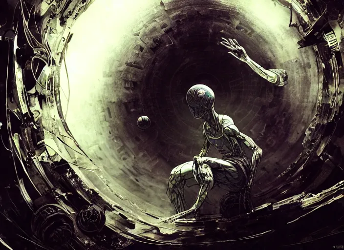 Image similar to a mysterious translucent space alien, basketball player, sleevless jersey, eerie shimmering surroundings, concept art, intricate, detailed, award - winning, cinematic, octane render, 8 k, photorealistic, by tsutomu nihei and emil melmoth and gustave dore and craig mullins and yoji shinkawa