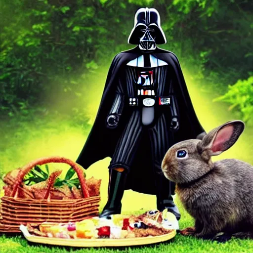 Image similar to a photo of darth vader having a picnic with a bunny