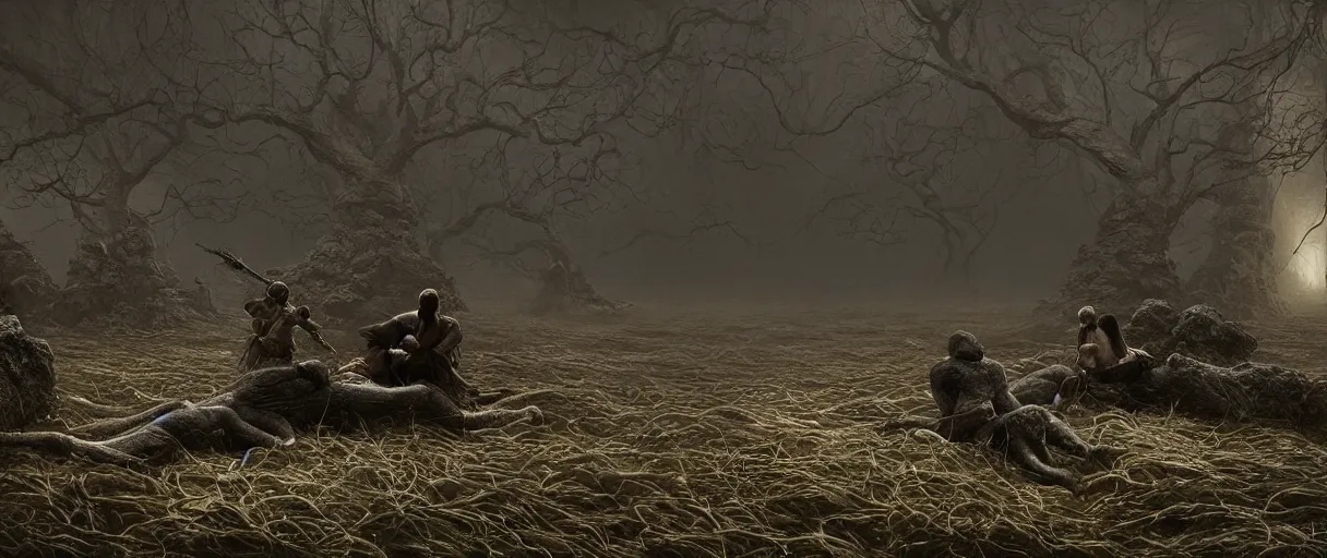 Prompt: Cane and Able inside the brain, snake is surrounding them, beautiful dramatic moody lighting, cinematic atmosphere, high detail, 8k, ornate, dark fantasy, masterpiece, complex, film still from the movie directed by Denis Villeneuve with art direction by Zdzislaw Beksiński, Dan Mumford, Patiphan Sottiwilaiphong, Yintion J - Jiang Geping