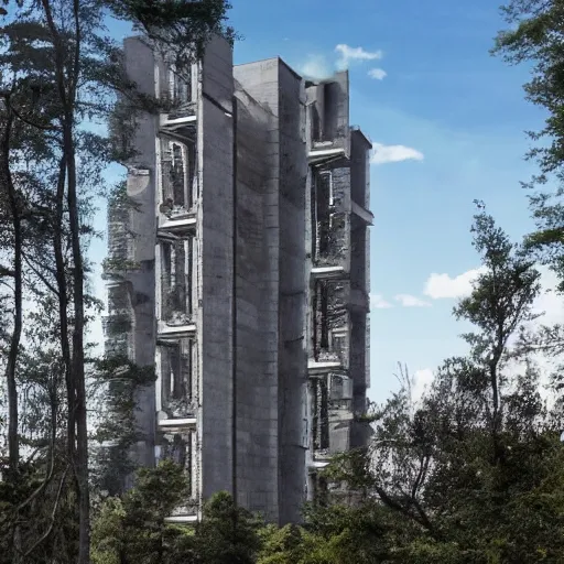 Prompt: brutalism style skyscraper in the forest