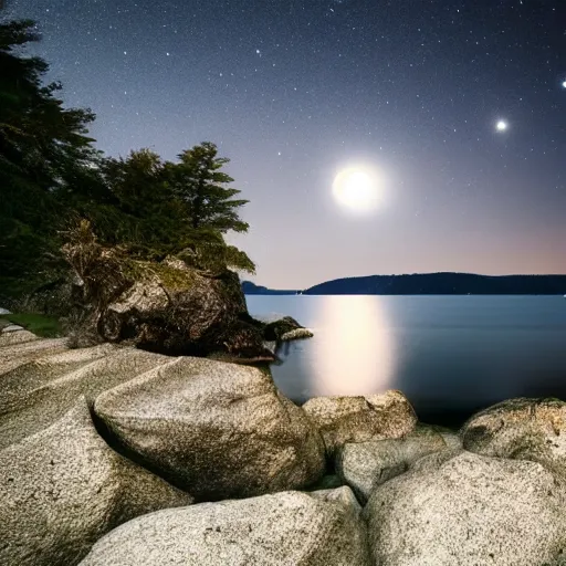 Prompt: lake of constance at night on a rocky beach with stars above and a full moon. photo trending on artstation