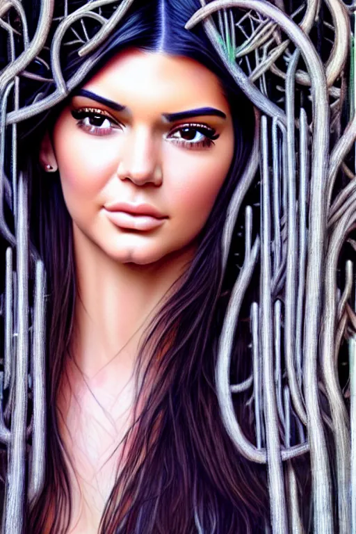 Image similar to realistic detailed face portrait painting of the beautiful kendall jenner with long hair with sci-fi headwear, futuristic sci-fi forest on background by HR GIGER