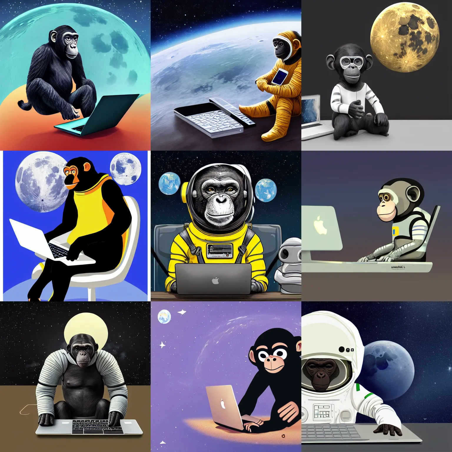 Prompt: smart chimpanzee in a spacesuit coding in the macbook sitting on the moon, trending on artstation