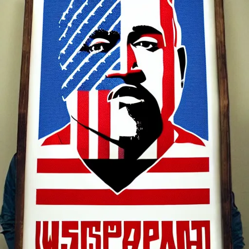 Image similar to Russian Propaganda Soviet screen-print shepard fairey illustrated poster of Kanye West as President standing in front of a USA America flag