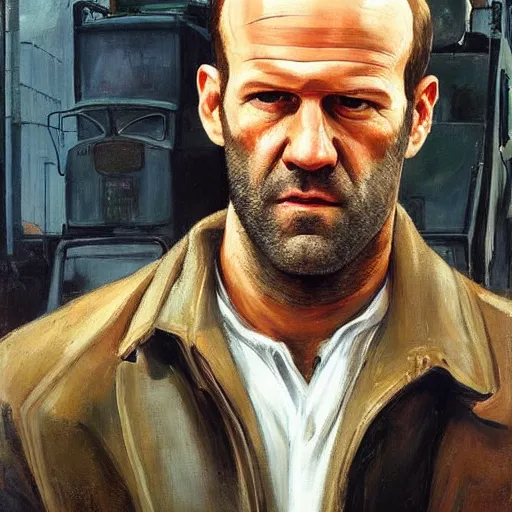 Image similar to portrait of jason statham pet detective standing atop a garbage truck mark rothko lucian freud greg rutkowski