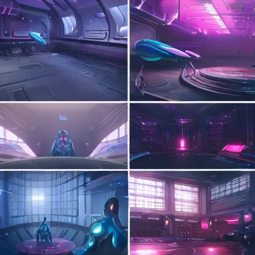 Image similar to hyperrealistic futuristic convention hall with various alien species, very detailed, technology, cyberpunk, dark blue and pink volumetric light, cgsociety, in the style of artgerm and artstation