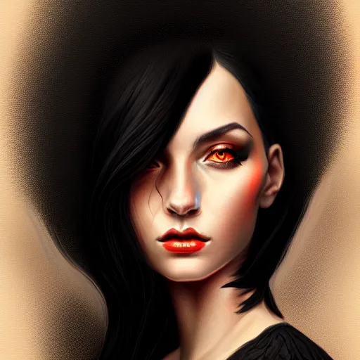 Prompt: portrait, woman with black hair called the lady of ash, elegant, illustration, fire, magic, detailed, intricate, sharp focus, digital painting