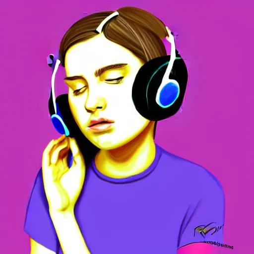 Prompt: a woman with headphones on, digital painting masterpiece, by rockin jelly bean