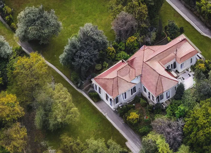 Image similar to realistic photo of a house from above, clean photo, stock photo, award winning, editorial, beautiful, establishing shot, 3 5 mm, zeiss lens, canon, nikon