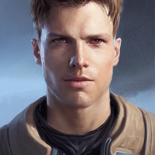 Image similar to portrait of a man by Greg Rutkowski, Cade Skywalker from Star Wars Expanded Universe, he is about 30 years old, manly, strong, messy blond hair, wearing a leather jacket, highly detailed portrait, digital painting, artstation, concept art, smooth, sharp foccus ilustration, Artstation HQ