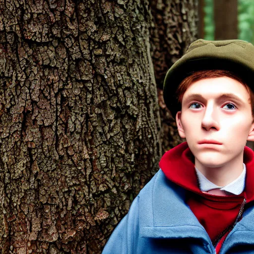 Image similar to super close up portrait of wirt from over the garden wall. a 1 6 years old gloomy awkward boy with big brown eyes and shaggy brown hair wearing a red dunce hat and a blue navy cape, standing in the forest, kodachrome photograph, 1 9 9 5, 4 k, canon, flash photography, norman rockwell, bouguereau