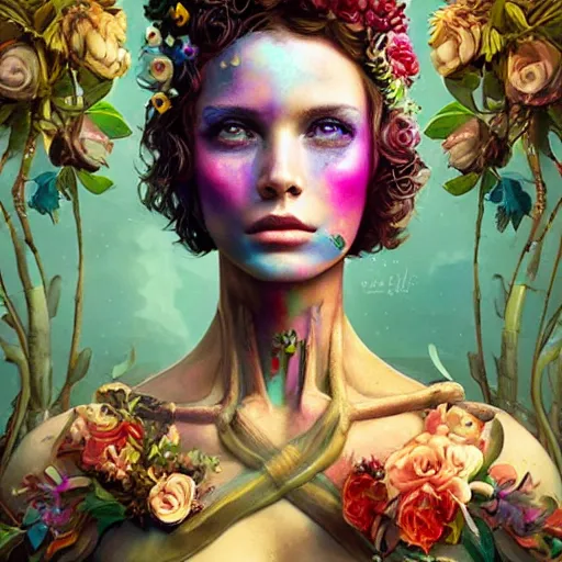 Image similar to Lofi biopunk portrait beautiful woman with short brown curly hair, roman face, unicorn, rainbow, floral, Pixar style, Tristan Eaton, Stanley Artgerm, Tom Bagshaw