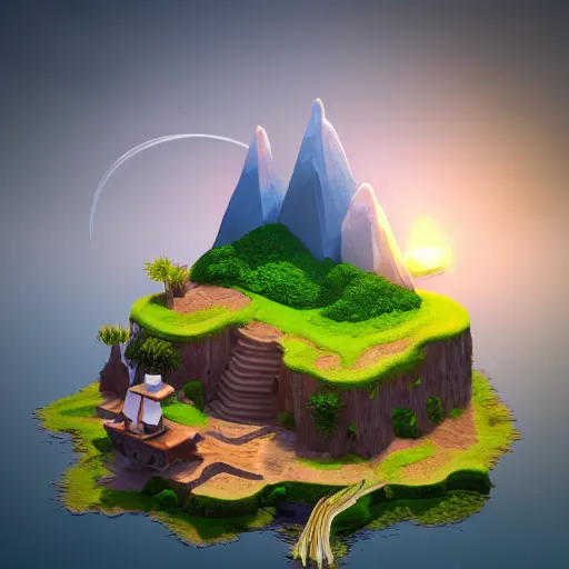 Prompt: a floating island on an aquatic environment isometric art, low poly art, game art, artstation, 3D render, high detail, cgsociety, unreal engine 5