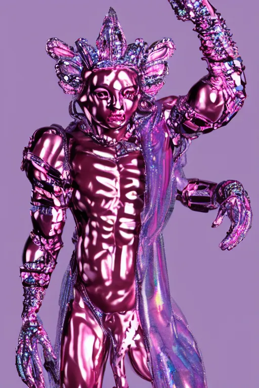 Image similar to hyper detailed ultra sharp fullbody photo of baroque and cyberpunk transparent pink ceramic sculpture of a muscular seductive muscular italian guido feeling muy cachondo, muy dotado, iridescent humanoid deity wearing pink plastic seethrough cloak, holding a rainbow tiger gem, blue diamond, glowing pink face, crown of white diamonds, cinematic lighting, photorealistic, octane render 8 k