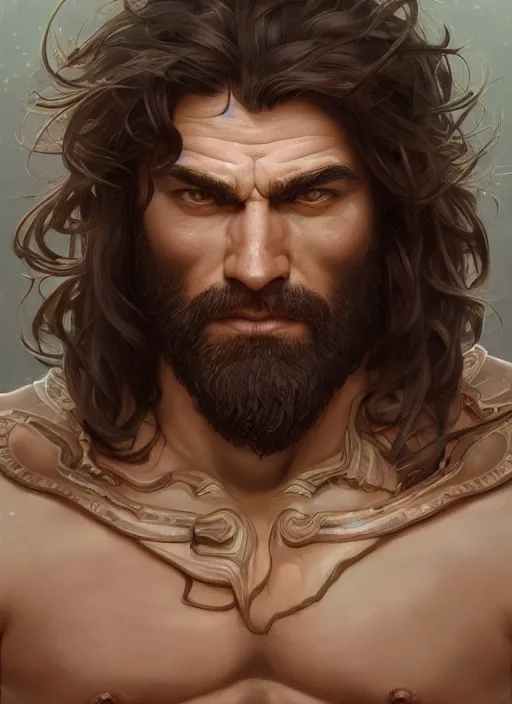 Prompt: portrait of a herculean man with brown hair, shirtless, style of god of war, swarm of sand, intricate, elegant, highly detailed, digital painting, artstation, concept art, smooth, sharp focus, illustration, art by artgerm and greg rutkowski and alphonse mucha, 8 k