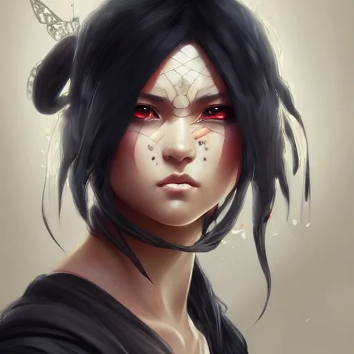 Image similar to Itatchi Uchiha, fantasy, intricate, elegant, highly detailed, digital painting, artstation, concept art, matte, sharp focus, illustration, art by Artgerm and Greg Rutkowski and Alphonse Mucha