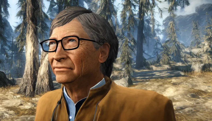 Prompt: character screenshot of bill gates, skyrim, enb, 4 k, bokeh