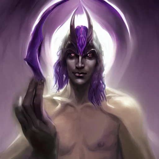 Image similar to male djinn an demon on the verge of death, warlock, portrait, concept art, purple cloak, single face, illustration, white spiral horns, realism, hyperrealism, trending on artstation, Charlie Bowater, WLOP