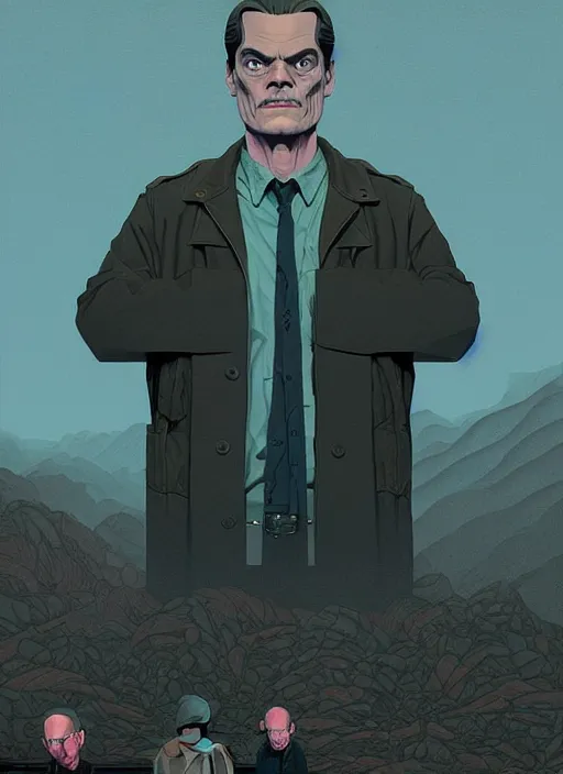 Prompt: Twin Peaks, of Michael Shannon the mechanic, mysterious creepy, poster artwork by Michael Whelan, Bob Larkin and Tomer Hanuka, from scene from Twin Peaks, simple illustration, domestic, nostalgic, from scene from Twin Peaks, clean, full of details, by Makoto Shinkai and thomas kinkade, Matte painting, trending on artstation and unreal engine, super clean, fine detail, cell shaded,