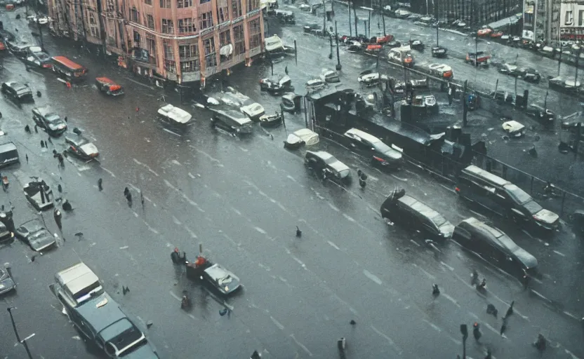 Image similar to 1990s historic footage of a sovietic street with pedestrians, aerial view from a drone, aerial view Cinestill 800t 18mm, heavy grainy picture, very detailed, high quality, 4k panoramic, rain, mud, foggy