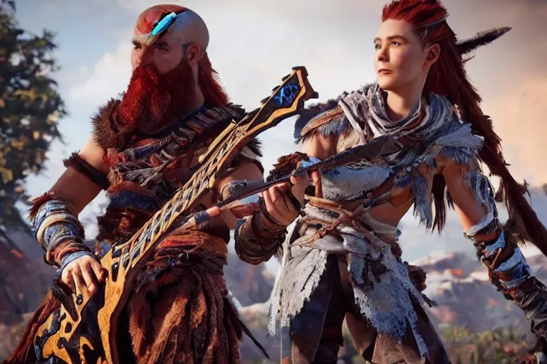 Prompt: aloy from the horizon zero dawn videogame playing a bc rich guitar with kratos from the god of war videogame