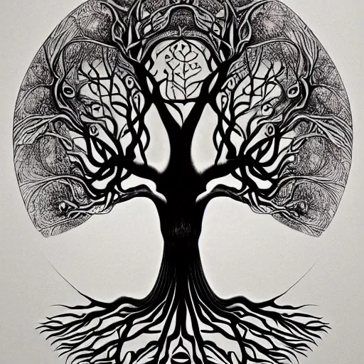 Prompt: a highly detailed tattoo outline of the tree of life shaped like a woman with arms raised, by roger dean and andrew ferez, art forms of nature by ernst haeckel, divine chaos engine, symbolist, visionary, art nouveau, organic fractal structures, surreality, detailed, realistic, ultrasharp